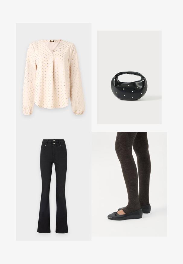 Langärmlige, hellrosa Bluse mit V-Ausschnitt, die goldenem Quadratmuster versehen ist. Weicher Stoff mit gerafften Säumen und lockerer Passform.; Schwarze High-Waist-Jeans mit ausgestelltem Bein, Fronttaschen, Gürtelschlaufen und zwei silbernen Knöpfen am Bund.; Beine in dunklen, gerippten Leggings kombiniert mit schwarzen Ballerinas mit kleinen Schleifendetails auf weißem Hintergrund.; Schwarze Lederhandtasche mit abgerundeter Form, verziert mit silbernen Nietenakzenten und kurzem Griff. Glatte Struktur und Reißverschlussverschluss.