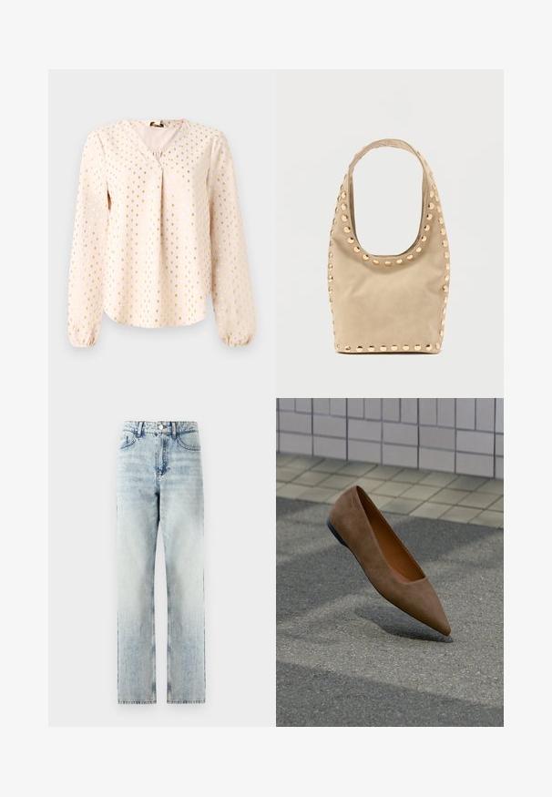 Langärmlige, hellrosa Bluse mit V-Ausschnitt, die goldenem Quadratmuster versehen ist. Weicher Stoff mit gerafften Säumen und lockerer Passform.; Helle blaue high-waisted Jeans aus Denim. Gerades Bein Design mit dezenten Ausbleichungen, fünf Taschen und einem Metallknopfverschluss.; Brauner Wildleder-Spitzenschuh flach schwebend über Asphalt mit gefliester Wand und Gehweg im Hintergrund.; Beigefarbene Handtasche mit runder Form, glatter Oberfläche und goldfarbenen, runden Nieten an den Kanten. Ein einzelner Tragegurt und großzügige Öffnung.