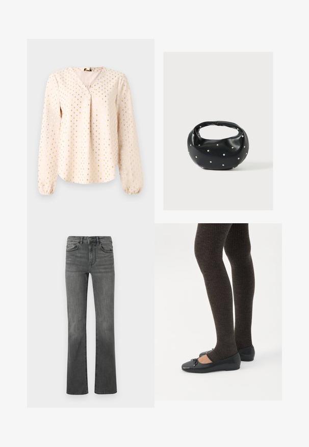 Lange mouw, lichtroze blouse met een V-hals, met gouden vierkante patronen. Zachte textuur met gerimpelde manchetten en een ontspannen pasvorm.; Uitgebreide jeans van donkergrijs denim met een hoge taille, vijf zakken en een enkele knoopsluiting. Soepele textuur met lichte vervaging.; Benen met donkere geribbelde leggings gecombineerd met zwarte ballerina's met kleine strikdetails op een witte achtergrond.; Zwarte leren handtas met een afgeronde vorm, versierd met zilveren studs, en een korte handgreep. Gladde textuur en ritsluiting.
