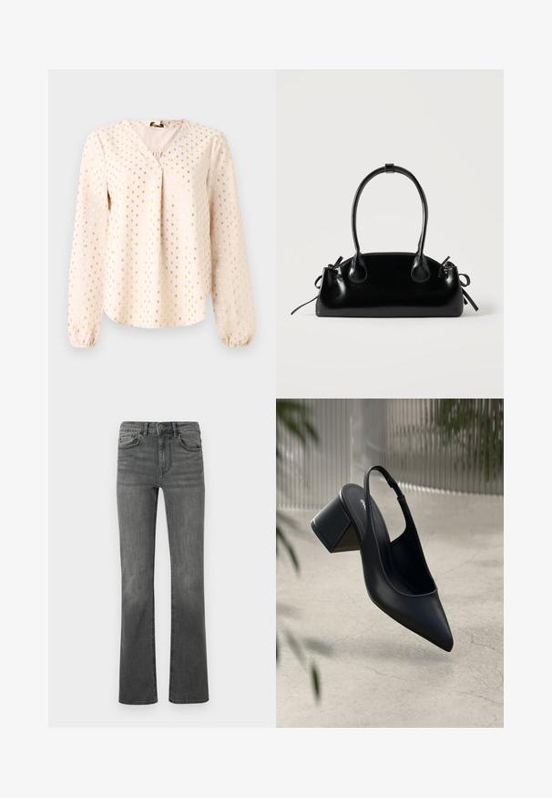 Langærmet, lys rosa bluse med V-hals, prydet med gyldne firkantede mønstre. Blød tekstur med samlede manchetter og en afslappet pasform.; Bredde jeans i mørkegrå denim med høj talje, fem lommer og en enkelt knaplukning. Glat tekstur med let falmning.; Sort læder slingback hæl med spids tå og blokhæl. Glat tekstur, minimalistisk design og justerbar ankelrem.; Lille sort blank håndtaske med to lange håndtag og snøre-detaljer i siden på en ensfarvet lys baggrund.