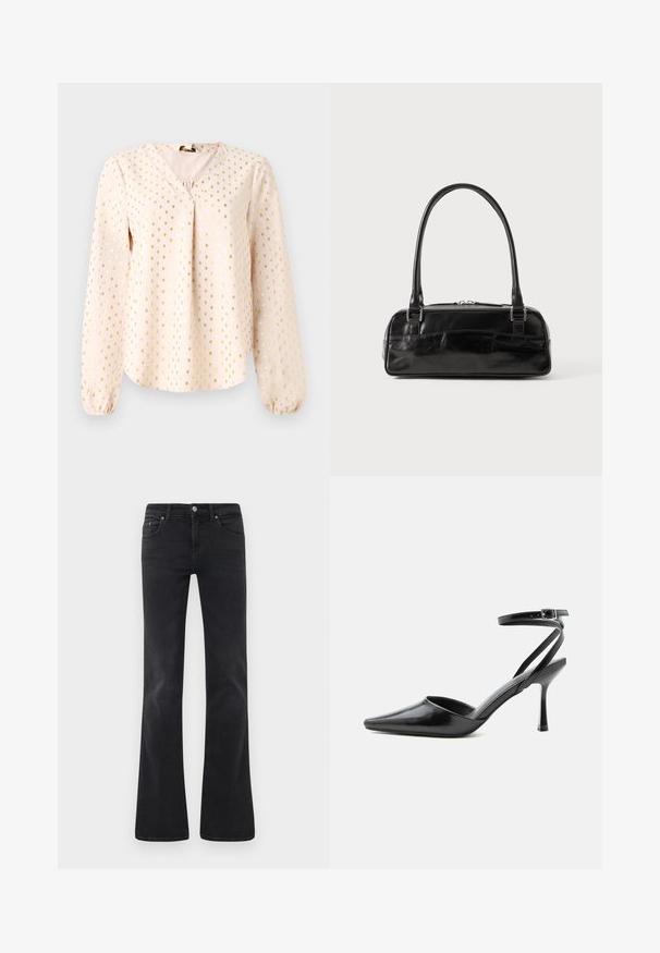 Lange mouw, lichtroze blouse met een V-hals, met gouden vierkante patronen. Zachte textuur met gerimpelde manchetten en een ontspannen pasvorm.; Zwarte flare jeans gemaakt van denim, met een klassieke vijf-pocket design, een knoopsluiting en subtiele stikseldetails.; Zwarte pumps met puntige neus, dunne enkelbandjes en een zilveren gesp op een effen lichte achtergrond.; Zwarte leren handtas met een rechthoekige vorm, voorzien van een enkele gestructureerde handgreep, zilveren hardware en ritsluiting. Gladde textuur.