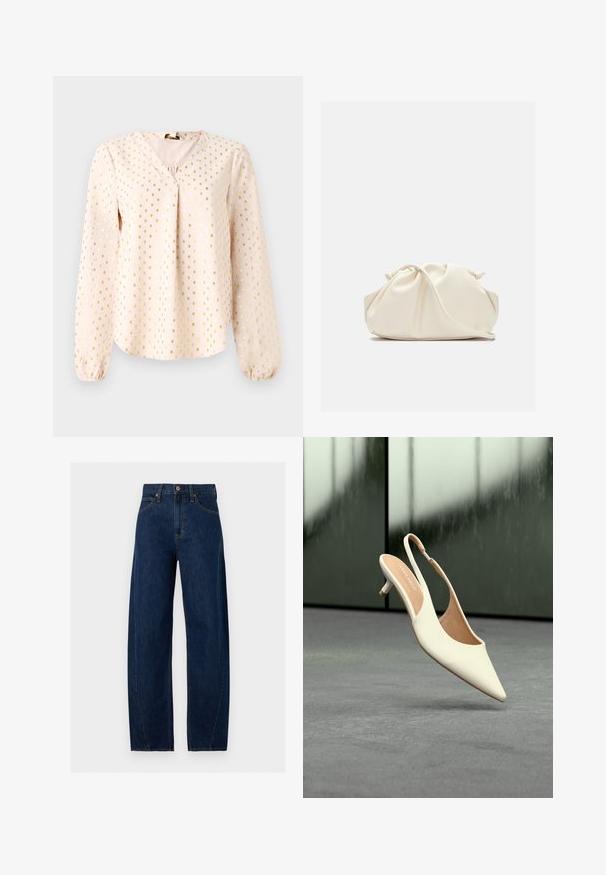 Lange mouw, lichtroze blouse met een V-hals, met gouden vierkante patronen. Zachte textuur met gerimpelde manchetten en een ontspannen pasvorm.; Donkerblauwe straight-leg spijkerbroek met knoop en ritssluiting aan de voorkant, riemlussen en oranje contrasterende stiksels op de naden en zakken.; Beige slingback damesschoen met spits toelopende neus en lage kittenhak, zwevend boven een grijze vloer tegen een wazige donkere achtergrond.; Zachte, crèmekleurige leren clutch met geplooid, gerimpeld ontwerp en een dunne schouderriem die vooraan op een effen achtergrond ligt.