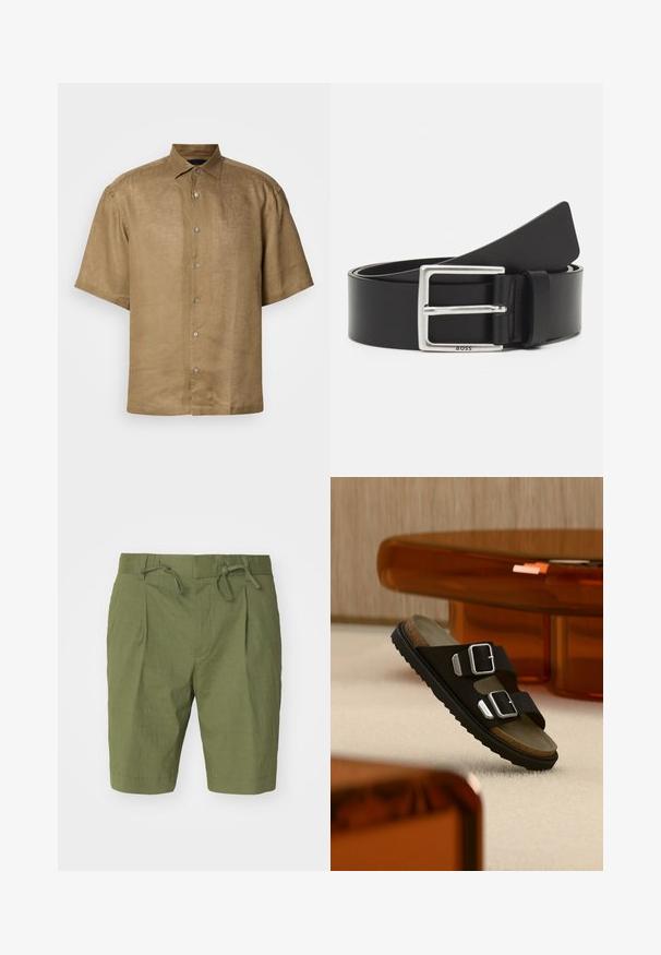 Kortærmet, button-up skjorte i lys brun linned med en tekstureret finish, der har en standardkrave og seks knapper foran.; Oliven grønne shorts lavet af letvægtsstof, med en elastisk talje med snøre, plisseret frontdesign og knælængde.; Sort sandal med to sølvspænder og korksål svævende over beige tæppe, med gennemsigtig ravfarvet møbel i baggrunden.; Sort læderbælte med en rektangulær sølvspænde, har diskret branding og en glat tekstur. Enderne taper af til en rundet finish.