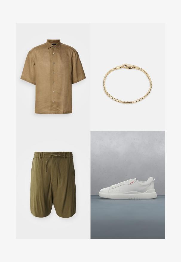 Kortærmet, button-up skjorte i lys brun linned med en tekstureret finish, der har en standardkrave og seks knapper foran.; Olivengrønne shorts lavet af letvægtsstof, med en elastisk talje med snoretræk og sidelommer for ekstra bekvemmelighed.; Hvide sneakers med en glat læderfinish, rund tå, fire snørehuller, subtile perforeringer og en rød logo detalje på siden.; Guldbelagt metalarmbånd med kæde-design, der har rektangulære led og lås, glat overflade og poleret finish.