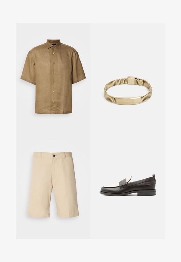 Kortærmet, button-up skjorte i lys brun linned med en tekstureret finish, der har en standardkrave og seks knapper foran.; Beige shorts lavet af letvægtsstof, med flad front, standard talje med knaplukning og lige afslutning.; Mørkebrune herresko i læder med cremefarvet stofpanel og klassisk syning på remmen, flad sål og trækskærm ved hælen.; Guldfarvet mesh-armbånd med en flad, indgraveret plade med ordet "BOSS". Designet er strømlinet med en metallisk tekstur og sikker lukning.