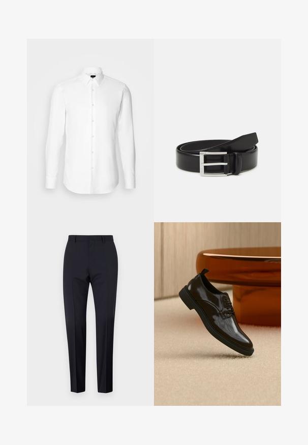 Hvid skjorte med lange ærmer, knaplukning foran, klassisk krave, lavet af glat stof med en subtil tekstur, designet til et tætsiddende udseende.; Marineblå skrædderbukser, flad front, slim fit, med bæltestropper og sidelommer. Glat stof med en skarp finish, ingen synlige mønstre eller accent.; Sort skinnende læder snøresko flydende over et beige tæppe med et blankt brunt rundt bord i baggrunden.; Sort læderbælte med en blank finish; har en sølvmetal spænde med et rektangulært rammedesign og glatte kanter.