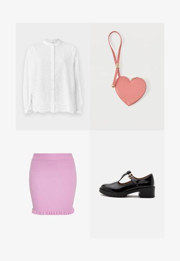 Witte blouse met een ronde halslijn, lange mouwen en knoopsluiting; heeft geborduurde uitsnijdingen en een gegolfde zoom.; Gebreide roze minirok met geribbelde textuur en gerimpelde zoom, aansluitende stijl met elastische tailleband.; Zwarte lakleren Mary Jane-schoen met brede hak, ronde neus en gouden gespsluiting op witte achtergrond.; Roze leren muntportemonnee in hartvorm met polsbandje en gouden rits, gebrandmerkt met kleine gouden tekst "Furla".