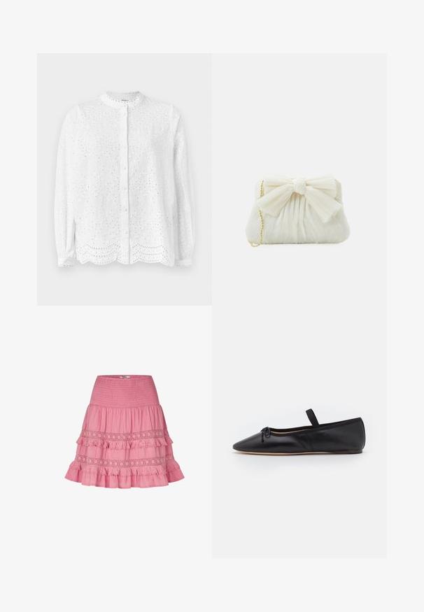 Weiße Bluse mit rundem Ausschnitt, langen Ärmeln und Knopfverschluss; verfügt über bestickte Aussparungen und einen gewellten Saum.; Rosa Stufenrock mit gerafftem Taillenbund, verziert mit Spitzenbesatz und Rüschenschichten, aus leichtem Baumwollstoff gefertigt.; Schwarze Leder-Ballerinas mit spitzem Zehenbereich, Schleifchen-Detail an der Vorderseite, elastischem Riemen und minimalistischem Design. Glatte Oberfläche mit flexiblem Sohlen.; Weißes, gefaltetes Clutch-Case mit einem auffälligen Schleifendetail und einem goldenen Kettenriemen. Weiche Textur mit einem gerafften Design auf der Vorderseite.