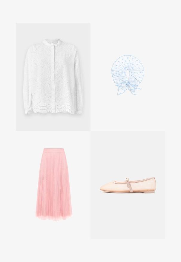 Witte blouse met een ronde halslijn, lange mouwen en knoopsluiting; heeft geborduurde uitsnijdingen en een gegolfde zoom.; zero MIT PLIESSENDEM BECHER - Plooirok - bridal rose; Licht beige platte schoen met een puntige neus en een enkele gesp aan de zijkant, weergegeven op een effen witte achtergrond.; Lichtblauwe stofkraag met witte stippen, ruches en een strik aan de voorkant, ontworpen als een decoratief neksieraad.