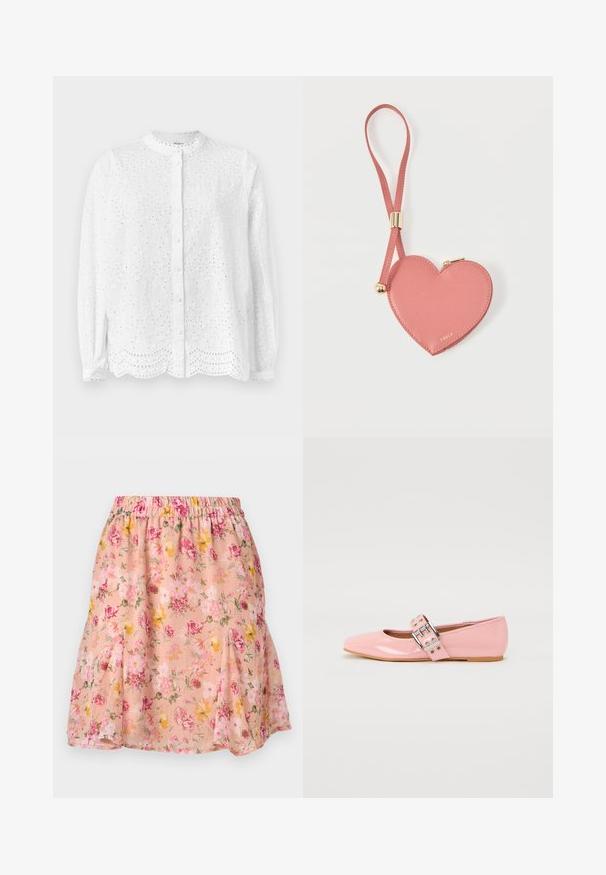 Weiße Bluse mit rundem Ausschnitt, langen Ärmeln und Knopfverschluss; verfügt über bestickte Aussparungen und einen gewellten Saum.; Floraler Rock aus hellrosa Stoff mit elastischem Bund, der mehrfarbige Blumen, eine ausgestellte Form und eine leichte Textur aufweist.; Rosa Lackleder Ballettflats mit quadratischer Zehenpartie, Schnallenriemendetails und einer flachen Gummisohle. Glatte Textur über die gesamte Fläche.; Pinkes herzförmiges Leder-Münzetui mit Handgelenkriemen und goldenem Reißverschluss, mit kleinem goldfarbenem "Furla"-Schriftzug.