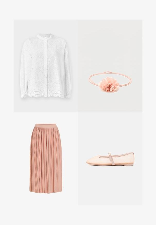 Weiße Bluse mit rundem Ausschnitt, langen Ärmeln und Knopfverschluss; verfügt über bestickte Aussparungen und einen gewellten Saum.; Hellrosa plissierter Midirock mit weitem Bund, aus leichtem Stoff, vor weißem Hintergrund dargestellt.; Hellbeiger flacher Schuh mit spitz zulaufender Vorderkappe und einem einzelnen seitlichen Schnallenriemen, präsentiert auf weißem Hintergrund.; Pinkes elastisches Haarband mit einer weichen Stoffblume mit mehrlagigen Blütenblättern in der Mitte vor weißem Hintergrund.