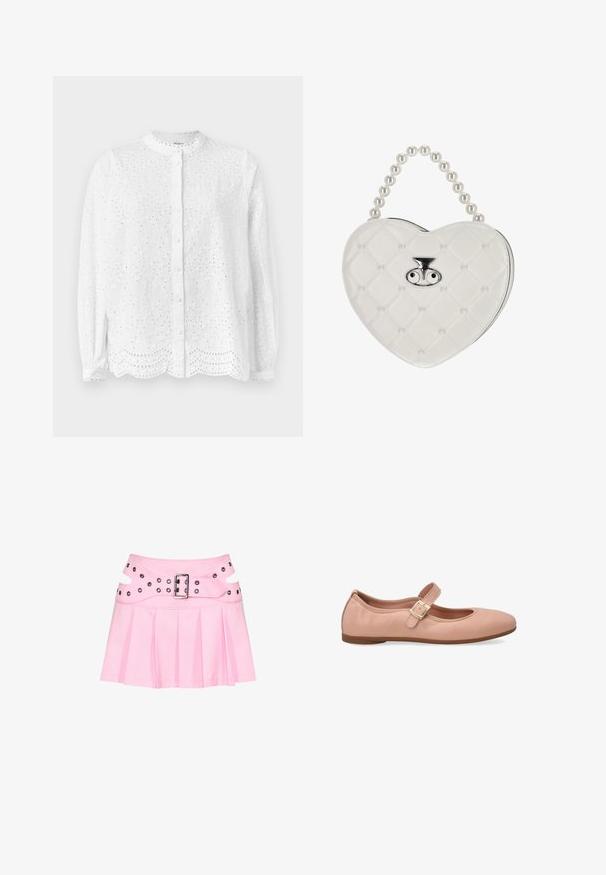 Witte blouse met een ronde halslijn, lange mouwen en knoopsluiting; heeft geborduurde uitsnijdingen en een gegolfde zoom.; Roze geplooide minirok met brede dubbel gelaagde tailleband, zilveren gesp en meerdere oogjes voor bevestiging en decoratie.; Roze leren balletschoenen met een ronde neus en een enkele verstelbare gesp over de voetboog. Vlakke rubberen zool. Glad oppervlak.; Witte, gewatteerde handtas in hartvorm met parelhandgreep en zilveren sluiting met twee oogvormige details.