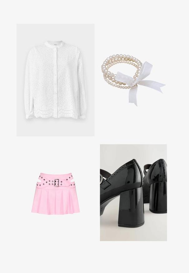 Blusa blanca con escote redondo, mangas largas y cierre de botones; presenta recortes bordados y un dobladillo festoneado.; Minifalda plisada rosa con cinturilla ancha de doble capa, hebilla plateada y múltiples ojales para sujeción y decoración.; Zapatos de charol negros de tacón alto con tacones cuadrados gruesos, detalles de brogue y una correa con hebilla en el medio del pie. Superficie lisa y brillante.; Pulsera de perlas blancas con múltiples hilos, que presenta perlas de diferentes tamaños. Atada con un lazo de cinta blanca transparente.