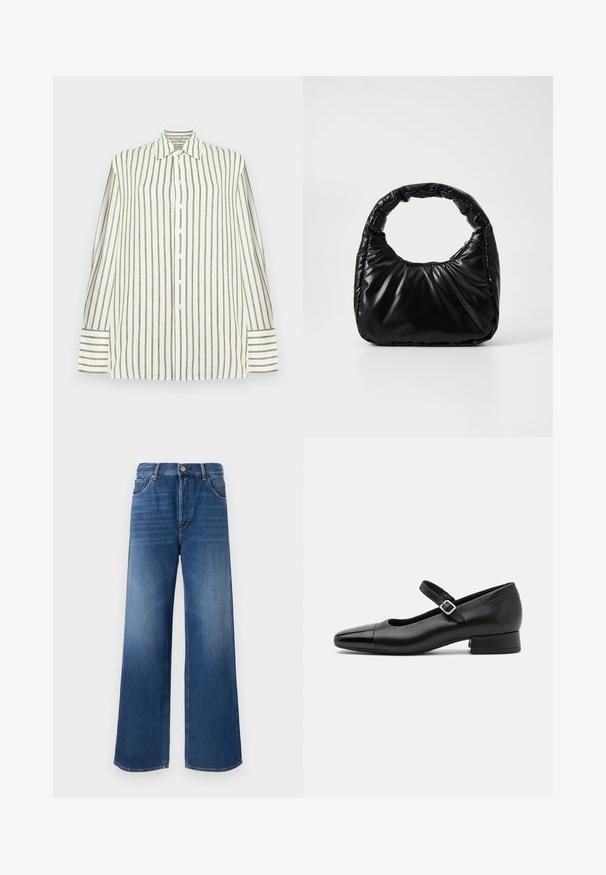 Chemise blanche à manches longues avec des rayures verticales vert olive, fermeture boutonnée à l'avant, col pointu et larges poignets rayés.; Jeans en denim à jambes larges de couleur bleu moyen, avec un design à cinq poches, fermeture à bouton et un léger délavage sur les cuisses pour ajouter de la texture.; Chaussures Mary Jane en cuir noir avec un embout en vernis, une sangle cheville réglable et un petit talon carré. Texture lisse et design élégant.; Sac à main noir rembourré avec une poignée arrondie, présentant une surface lisse et brillante ainsi qu'une texture douce et matelassée. Pas de quincaillerie ou d'accents visibles.