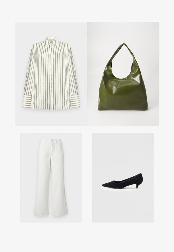 Chemise blanche à manches longues avec des rayures verticales vert olive, fermeture boutonnée à l'avant, col pointu et larges poignets rayés.; Jeans blancs taille haute à jambes larges avec poches avant, passants pour ceinture, fermeture par bouton, et détail décoratif de laçage sur les côtés des deux jambes.; Escarpin en feutre noir avec un bout pointu et un petit talon kitten. La chaussure présente une texture lisse et un design minimaliste sans ornements.; Sac hobo en cuir vert au design décontracté, avec une poignée incurvée et une texture lisse. Ne contient aucun matériel ou accent visible.