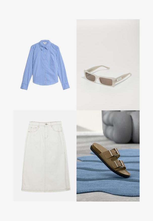 Gestreiftes Langarmhemd in Blau und Weiß mit Knopfleiste. Verfügt über einen spitzen Kragen und einen abgerundeten Saum. Hergestellt aus glattem, leichtem Stoff.; Weiße Denim-Midi-Rock mit gerader Silhouette, ausgestattet mit einem vorderen Knopfverschluss, zwei seitlichen Taschen und kontrastierenden Nähdetails.; Braune Wildledersandale mit doppelten silbernen Schnallen auf einem strukturierten blauen Teppich, im unscharfen Hintergrund ein großes graues skulpturales Objekt.; Verblassene beige Sonnenbrille mit rechteckigen Gläsern, braunem Verlaufstönung und einem glatten Kunststoffrahmen, der ein kleines Logo an der Seite trägt.