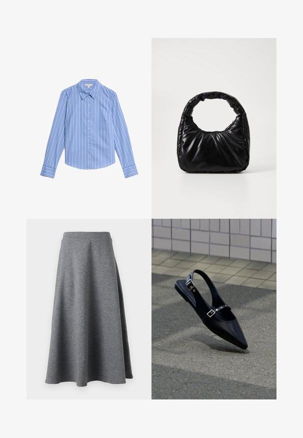 Blauw-wit gestreepte langarm blouse met knopen. Kenmerkt zich door een puntkraag en een gebogen zoom. Gemaakt van een gladde, lichte stof.; Grijze, knielange rok gemaakt van zacht, rekbaar materiaal, met een uitlopende snit en een elastische tailleband voor comfort.; Zwarte platte slingback met spits toelopende neus en dubbele gespsluitingen, rustend op grijs asfalt bij een achtergrond van betegelde muur.; Zwarte gevoerde handtas met een ronde handgreep, met een gladde, glanzende oppervlakte en een zachte, gewatteerde textuur. Geen zichtbare metalen onderdelen of accenten.