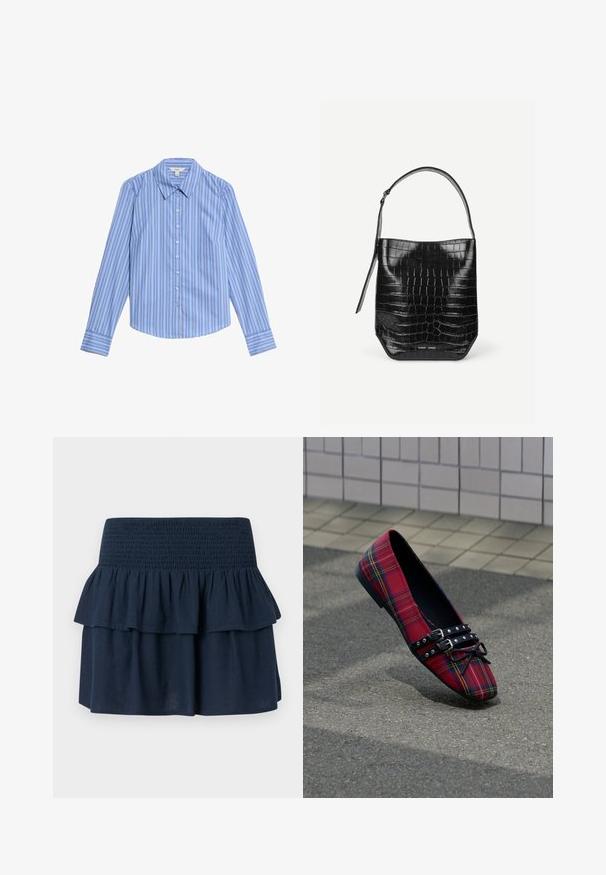 Camisa de botones de manga larga a rayas azul y blanca. Presenta un collar tipo pico y un dobladillo curvado. Fabricada con una tela suave y ligera.; Minifalda azul marino con cinturilla ancha fruncida y detalle de volantes superpuestos en la parte superior.; Zapato plano rojo de tartán con puntera puntiaguda, doble tira negra con tachuelas y lazo, colocado sobre asfalto cerca de un fondo de pared con azulejos.; Bolso tipo saco de piel negra con relieve de cocodrilo, con una sola correa para el hombro y un pequeño logo de la marca en plata en el centro inferior frontal.