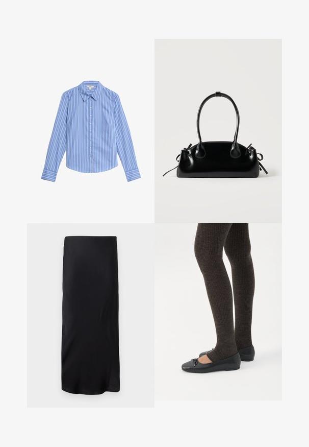 Camisa de botones de manga larga a rayas azul y blanca. Presenta un collar tipo pico y un dobladillo curvado. Fabricada con una tela suave y ligera.; Falda midi negra sin mangas, hecha de una tela suave. Presenta una forma recta y alargada sin patrones ni acentos. Diseño simple y minimalista.; Piernas con leggings oscuros acanalados combinados con bailarinas negras que presentan pequeños detalles de lazo sobre un fondo blanco.; Pequeño bolso negro brillante con dos asas largas y detalles de cordón lateral sobre un fondo claro liso.