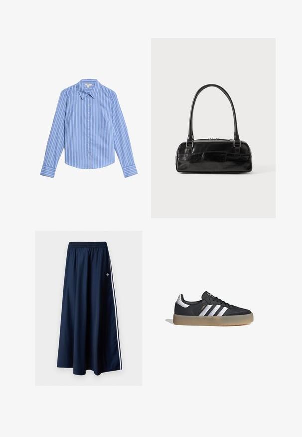 Camisa de botones de manga larga a rayas azul y blanca. Presenta un collar tipo pico y un dobladillo curvado. Fabricada con una tela suave y ligera.; Falda maxi azul marino con cintura elástica, dos franjas laterales blancas y un pequeño logo blanco de Adidas en el lado izquierdo.; Zapatilla deportiva de cuero negro con tres rayas plateadas, punta texturizada y suela de goma. Cuenta con un collar acolchado y un diseño con cordones.; Bolso de mano de cuero negro con forma rectangular, equipado con un asa estructurada, herrajes en plata y cierre de cremallera. Textura suave.