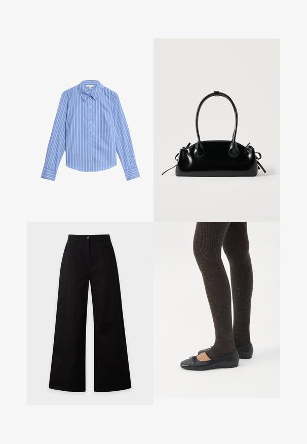 Camisa de botones de manga larga a rayas azul y blanca. Presenta un collar tipo pico y un dobladillo curvado. Fabricada con una tela suave y ligera.; Pantalones negros de pierna ancha con botón delantero, cierre de cremallera y bolsillos laterales sobre un fondo liso y claro.; Piernas con leggings oscuros acanalados combinados con bailarinas negras que presentan pequeños detalles de lazo sobre un fondo blanco.; Pequeño bolso negro brillante con dos asas largas y detalles de cordón lateral sobre un fondo claro liso.