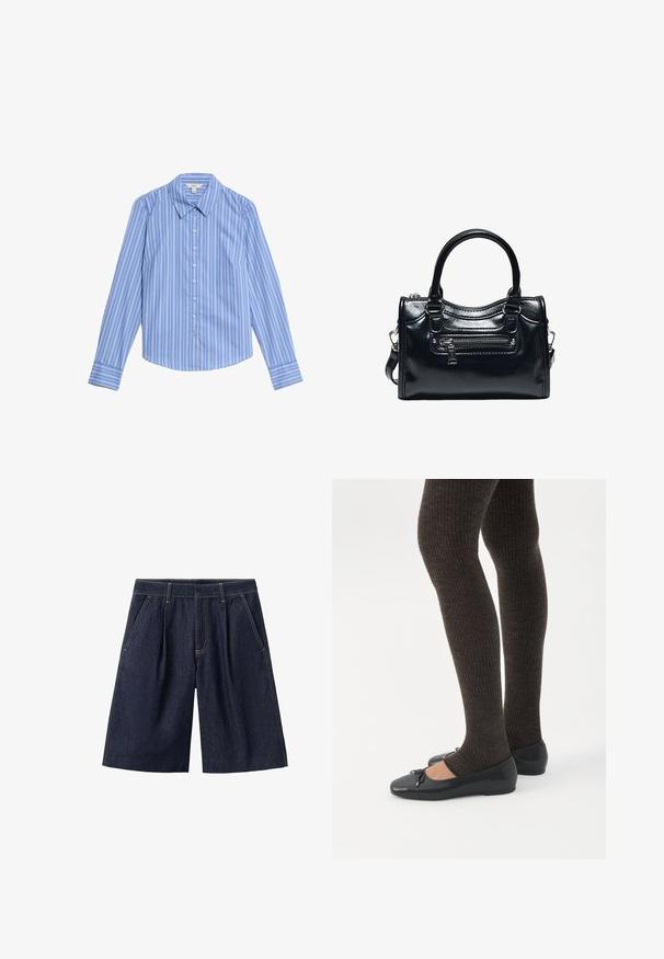 Blauw-wit gestreepte langarm blouse met knopen. Kenmerkt zich door een puntkraag en een gebogen zoom. Gemaakt van een gladde, lichte stof.; Donkerblauwe denim knielange shorts met voorzakken en riemlussen, met zichtbare gele stikseldetails.; Benen met donkere geribbelde leggings gecombineerd met zwarte ballerina's met kleine strikdetails op een witte achtergrond.; Zwarte glanzende leren handtas met twee handvatten, voorvak met rits en afneembare schouderriem op witte achtergrond.