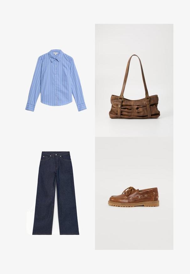 Blauw-wit gestreepte langarm blouse met knopen. Kenmerkt zich door een puntkraag en een gebogen zoom. Gemaakt van een gladde, lichte stof.; Donkerblauwe jeans met wijde pijpen, vooraan knopen, rits en voor- en achterzakken, plat liggend op een witte achtergrond getoond.; Bruine leren boot schoenen met een ronde neus, vetersluiting en decoratieve metalen oogjes. Dikke rubberen zool met een geribbeld patroon.; Even&Odd Handtas - brown