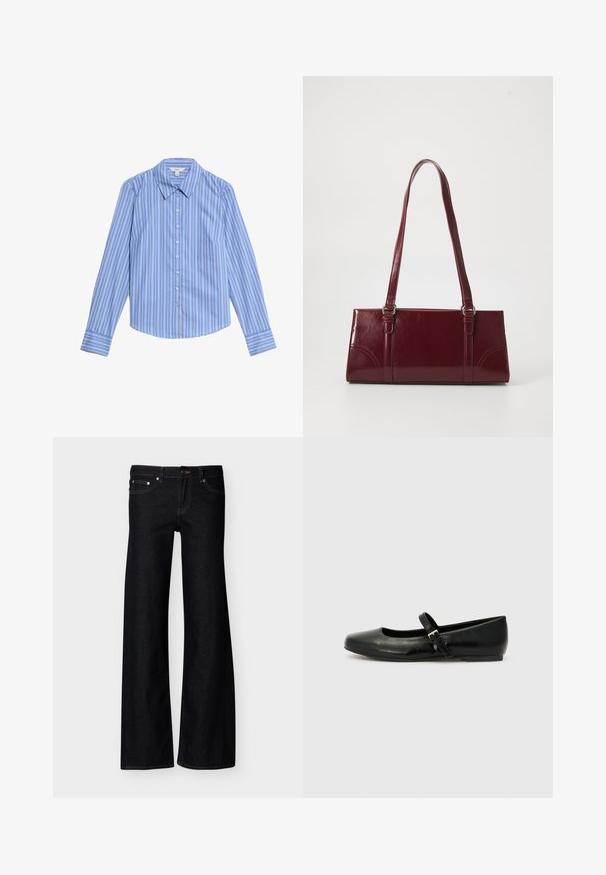 Camisa de botones de manga larga a rayas azul y blanca. Presenta un collar tipo pico y un dobladillo curvado. Fabricada con una tela suave y ligera.; Vaqueros de pierna ancha en negro con bolsillos delanteros, cierre de botón y costuras visibles, presentados sobre un fondo blanco liso.; Bailarinas de cuero negro con punta redondeada, suela plana y una delgada correa ajustable en el empeine que cuenta con una hebilla de metal.; Bolso burdeos hecho de material brillante, de forma rectangular, con dos asas para el hombro y sutiles acentos curvados en la parte frontal.