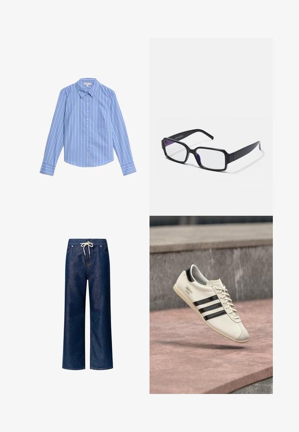 Camisa de botones de manga larga a rayas azul y blanca. Presenta un collar tipo pico y un dobladillo curvado. Fabricada con una tela suave y ligera.; Pantalones de mezclilla de pierna ancha en azul oscuro con cintura ajustable, bolsillos frontales y detalles de costura en contraste. Textura suave en toda su superficie.; Zapatilla blanca de Adidas con rayas negras y suela beige, flotando sobre una superficie de concreto rosada y un fondo de piedra gris.; Gafas de montura rectangular negra con lentes transparentes. Presenta un tinte púrpura distintivo en los bordes interiores y un acabado de plástico suave.