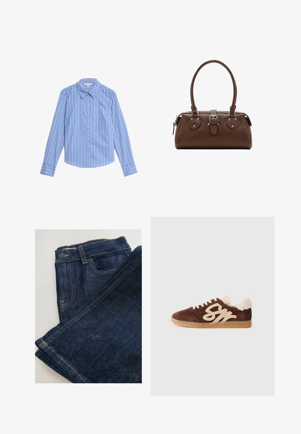 Gestreiftes Langarmhemd in Blau und Weiß mit Knopfleiste. Verfügt über einen spitzen Kragen und einen abgerundeten Saum. Hergestellt aus glattem, leichtem Stoff.; Dunkelblaue Jeans aus Denim, gefaltet, mit klassischem Fünf-Taschen-Design, orangefarbenen Nähten und einem Metallknopf am Bund.; Braune Wildleder-Sneaker mit cremefarbenem Kunstfellfutter und einem auffälligen beigen Logo. Mit weißen Schnürsenkeln und einer strukturierten Gummisohle ausgestattet.; Braune Lederhandtasche mit zwei Griffen, einem zentralen Schnallenriemen und goldfarbenen Beschlägen, vor weißem Hintergrund abgebildet.