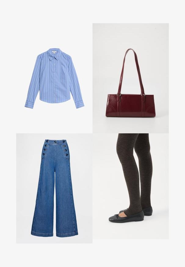 Blå og hvid stribet langærmet skjorte med knaplukning. Har en spids krave og en buet kant. Lavet af glat, letvægtsstof.; Højtaljede bukser med vide ben i mellemblåt denim, med knapper foran, sidelommer og en glat tekstur.; Ben iført mørke ribbede leggings kombineret med sorte balletsko med små sløjfedetaljer på hvid baggrund.; Bordeaux håndtaske lavet af glansfuldt materiale, rektangulær form, med to skulderremme og subtile buede detaljer på forsiden.