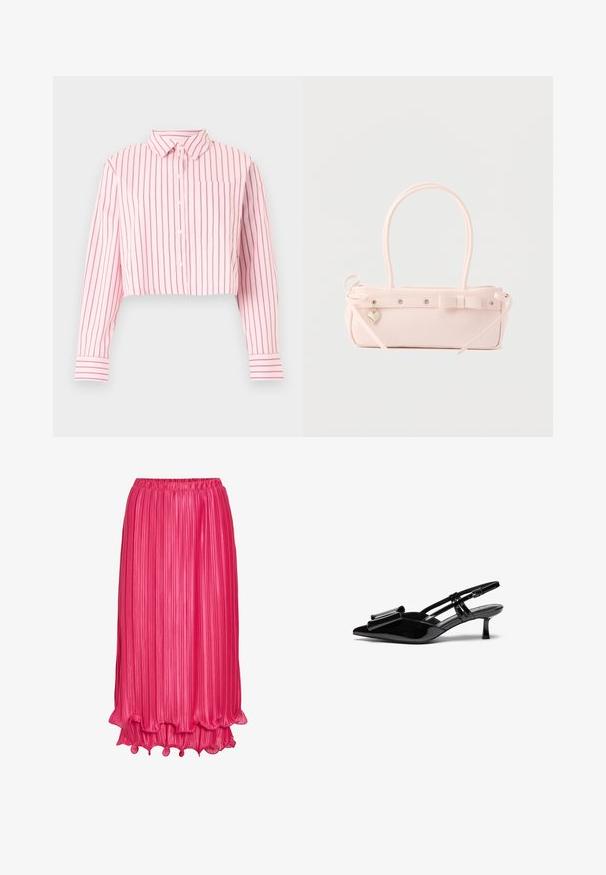 Chemise rose courte à boutons avec des rayures verticales rose foncé, manches longues, col, poche poitrine avant et poignets rayés.; Jupe midi rose vif avec de fines plissures verticales et un ourlet festonné à volants, avec un tissu légèrement brillant et lisse.; Talons aiguilles en cuir verni noir avec un bout pointu, un détail en nœud à l'avant et un petit talon stiletto. Les brides sont équipées de boucles ajustables.; Sac à main rectangulaire rose pâle avec double poignée, nœud décoratif, œillets métalliques et petit charm en forme de cœur sur un fond uni.
