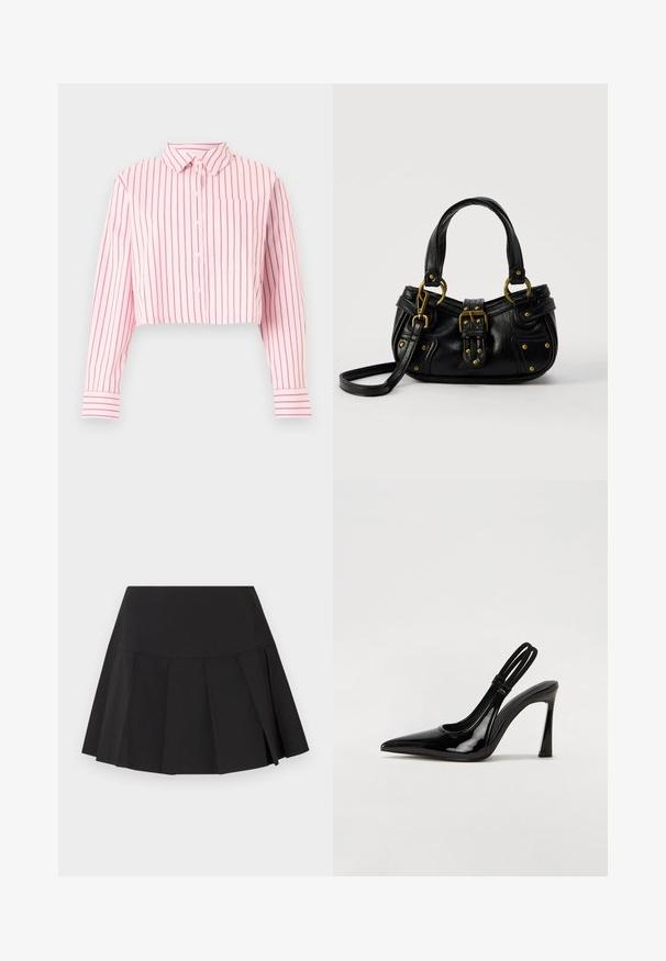 Chemise rose courte à boutons avec des rayures verticales rose foncé, manches longues, col, poche poitrine avant et poignets rayés.; Mini-jupe plissée noire avec une large ceinture, des plis verticaux espacés uniformément et un ourlet légèrement évasé.; Escarpin en cuir verni noir à talon aiguille, à bout pointu, avec une sangle élastique double pour un maintien sécurisé. Surface lisse et brillante.; Sac à main en cuir noir avec boucle dorée et détails à rivets, poignées courtes et bandoulière réglable sur fond blanc uni.
