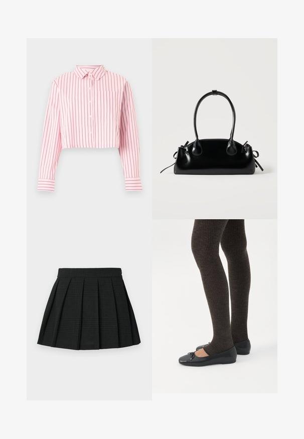 Chemise rose courte à boutons avec des rayures verticales rose foncé, manches longues, col, poche poitrine avant et poignets rayés.; Jupe plissée noire en tissu texturé. Dispose d'une taille et d'un léger motif écossais tout au long. Longueur courte avec des plis superposés.; Jambes portant des leggings côtelés foncés associés à des ballerines noires avec de petits détails en nœud sur fond blanc.; Petit sac à main noir brillant avec deux longues anses et des détails à cordon sur les côtés sur un fond clair uni.