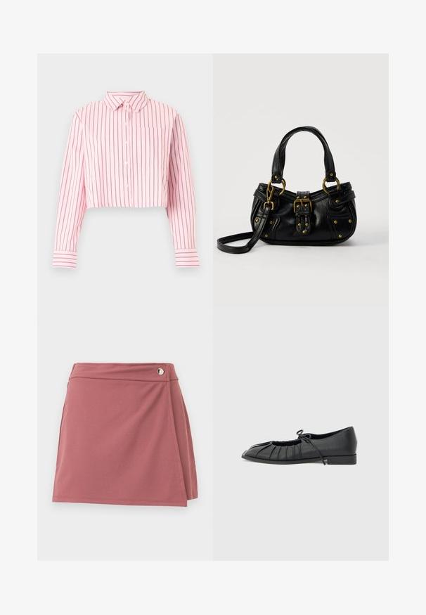 Chemise rose courte à boutons avec des rayures verticales rose foncé, manches longues, col, poche poitrine avant et poignets rayés.; Jupe portefeuille courte en rose poussiéreux avec un petit bouton argenté près de la ceinture sur un fond clair uni.; Chaussure plate noire avec design plissé à l'avant et un nœud noué sur le dessus, petit talon, et texture lisse sur un fond gris clair.; Sac à main en cuir noir avec boucle dorée et détails à rivets, poignées courtes et bandoulière réglable sur fond blanc uni.