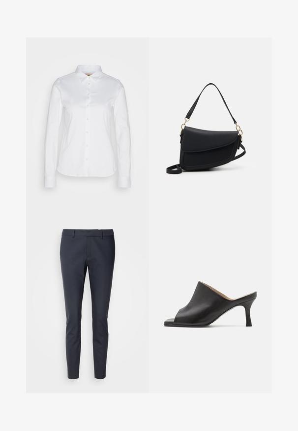 Hvid langærmet skjorte med knaplukning og spread krave, fremstillet i et glat bomuldsstof og rundet kant. Stoffet har en let glans.; Skræddersyede navy bukser lavet af glat stof. Har en slim fit, standard talje og frontlommer. Minimalistisk design uden dekorationer.; Selected ASHLEY - Mules med hæl - black; Sort læderhåndtaske med en struktureret overflade, der har en enkelt skulderrem og guld hardware-detaljer. Designet er slankt og minimalistisk.