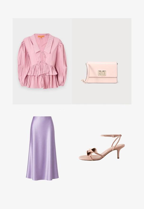 Stine Goya PLEATED BALLOON SLEEVE TIE - Blouse - pink nectar; Lichtpaarse satijnen midi-rok met een gladde, glanzende textuur en een lichte uitlopende zoom op een witte achtergrond.; Roze blush open-toe sandaal met dunne middenhoge hak, enkelriem met gesp en bloemendetail op de teenriem.; Lichtroze rechthoekige leren clutch met goudkleurige rechthoekige sluiting en afneembare schouderriem op een lichte achtergrond.