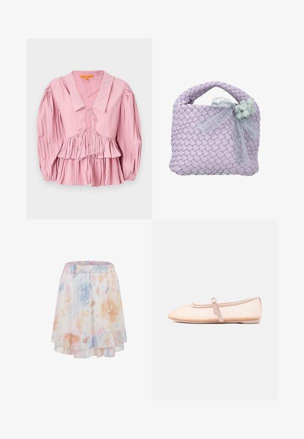 Stine Goya PLEATED BALLOON SLEEVE TIE - Blouse - pink nectar; Korte rok met ruches, elastische tailleband en pastel aquarel bloemenprint in zachte perzik-, blauw- en roze tinten.; Licht beige platte schoen met een puntige neus en een enkele gesp aan de zijkant, weergegeven op een effen witte achtergrond.; Lavendelkleurige geweven handtas met gevlochten handvat, versierd met een doorschijnend kanten lint en een cluster van lichtgroene kralen.