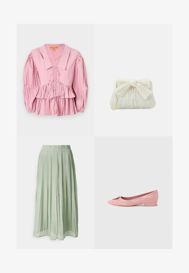 Stine Goya PLEATED BALLOON SLEEVE TIE - Pluus - pink nectar; Pleated midi seelik heledast rohelisest kangast, millel on pehme tekstuur. Painduva vööosa, voolav disain ja õrn sära kogu ulatuses.; Roosa lakknahast baleriinasuss terava ninaga, kaunistatud väikese lipsukesega pealsetel ja madala, ruudukujulise kontsaga.; Valge volditud klamberkott, millel on silmapaistev lipsu detail ja kuldne ketstrap. Pehme tekstuur ja kogutud disain ees.