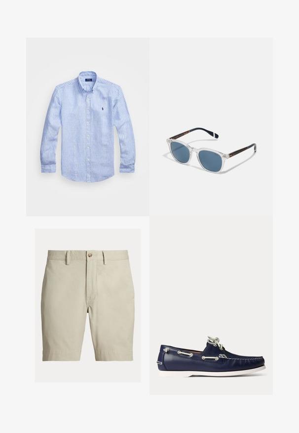 Blå og hvid stribet langærmet skjorte lavet af bomuld, med knap-ned krave, frontknapper og et lille broderet logo på brystet.; Beige knælange shorts med bæltestropper, knaplukning og lynlås, vist mod en hvid baggrund.; Flåden blå læder bådsko med hvide snørebånd og syninger, med hvid gummisål og metaløjer på en lyse baggrund.; Polo Ralph Lauren 0PH4206 - Solbriller - shiny/transparent