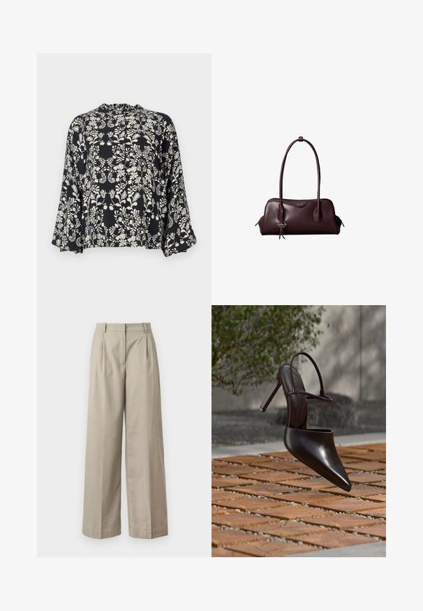 Blouse noire avec un imprimé floral blanc, dotée d'un col froncé et de manches amples évasées. Tissu texturé avec des lignes verticales.; Pantalons larges beiges en tissu lisse, dotés d'une taille ajustée, de plis et d'une coupe ample au niveau des jambes. Design simple et lignes épurées.; Mule noire brillante à talons hauts avec bout pointu et bride à la cheville, suspendue au-dessus d'une surface carrelée en terre cuite avec des interstices remplis de gravier.; Sac à main en cuir brun foncé Calvin Klein avec de longues poignées doubles et un petit porte-clé logo suspendu à une poignée.