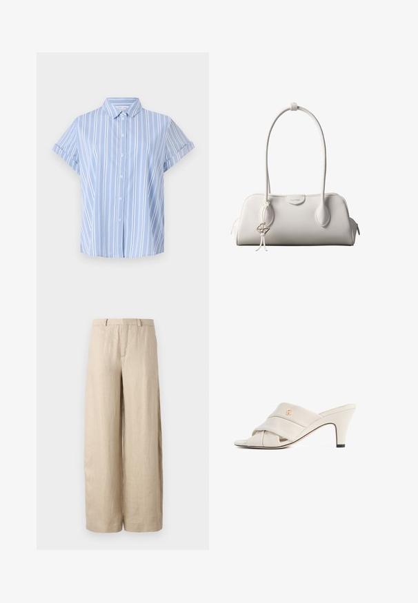Lichtblauw, kort mouw shirt met knoopsluiting en verticale witte strepen, een kraaghals en opgerolde manchetten. Glad stofoppervlak.; Beige wijde linnen broek. Voorzien van een middenplooi, twee zijzakken en een tailleband met riemlussen. Gladde textuur.; Beige hoge hakken mules met een gedraaide lederen band, open teen en een reliëf logo-accent. De hak heeft een zwarte puntdetail.; Witte Calvin Klein schoudertas met lange hengsels, rechthoekige vorm, ritssluiting en decoratieve logohanger bij het hengsel.