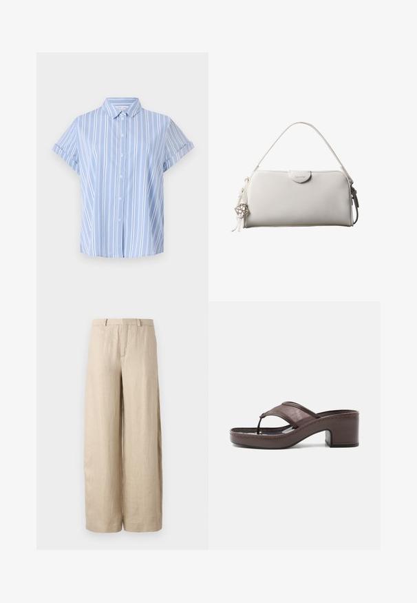 Chemise à manches courtes bleu clair à boutons avec des rayures blanches verticales, un col et des poignets retroussés. Texture de tissu lisse.; Pantalon large beige en lin. Dispose d'un pli avant, de deux poches latérales et d'une taille avec passants de ceinture. Texture lisse.; Sandale marron à talon avec lanière en mesh et design en tige, dotée d'un talon bloc et d'une semelle cousue, présentée de profil sur fond blanc.; Sac à main rectangulaire blanc Calvin Klein avec une seule poignée, design minimaliste et pampilles décoratives avec un charm métallique géométrique sur le côté.