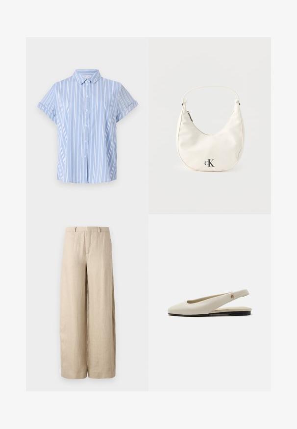 Camisa de botón de manga corta azul claro con rayas verticales blancas, cuello con solapa y puños enrollados. Textura de tela suave.; Pantalones anchos color beige, hechos de lino. Presentan un pliegue frontal, dos bolsillos laterales y una cinturilla con pasadores para cinturón. Textura suave.; Zapato plano slingback de cuero color crema con puntera redondeada y pequeño emblema dorado en la correa.; Pequeño bolso blanco en forma de media luna con correa corta, cierre de cremallera y logo negro "cK" en el frente.