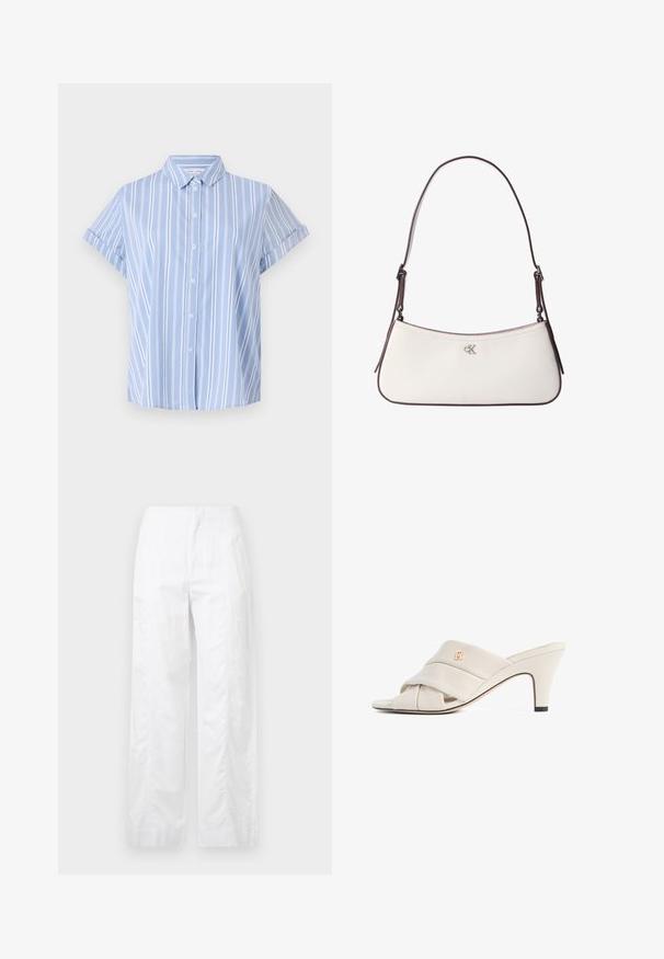 Camisa de botón de manga corta azul claro con rayas verticales blancas, cuello con solapa y puños enrollados. Textura de tela suave.; Pantalones de pierna ancha blancos, confeccionados en tejido ligero, con una textura suave, líneas limpias y un diseño de cintura alta.; Mules de tacón alto beige con diseño de tira de cuero torcida, punta abierta y detalle de logotipo en relieve. El tacón tiene un detalle en punta negra.; Bolso de hombro de cuero blanco con ribete marrón oscuro y correa ajustable, con pequeño logo plateado "cK" en el centro frontal.