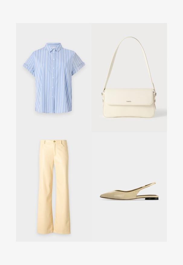 Chemise à manches courtes bleu clair à boutons avec des rayures blanches verticales, un col et des poignets retroussés. Texture de tissu lisse.; Pantalons évasés en jaune pâle, en matériau lisse et brillant. Comprend un bouton avant, deux poches latérales et une coupe droite.; Chaussure plate beige à bout pointu avec bride arrière, petit talon noir et finition en cuir lisse, vue de côté sur un fond uni.; Sac à bandoulière en cuir couleur crème avec fermeture à rabat, quincaillerie argentée, une bandoulière réglable et un logo discret.