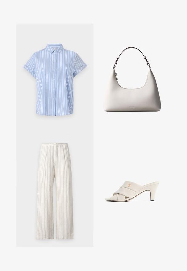 Lichtblauw, kort mouw shirt met knoopsluiting en verticale witte strepen, een kraaghals en opgerolde manchetten. Glad stofoppervlak.; Samsøe Samsøe SATOVE TROUSERS - Broek - egret; Beige hoge hakken mules met een gedraaide lederen band, open teen en een reliëf logo-accent. De hak heeft een zwarte puntdetail.; Romige Calvin Klein leren schoudertas met gebogen bovenrand, zilveren rits en donkerbruine verstelbare riem.