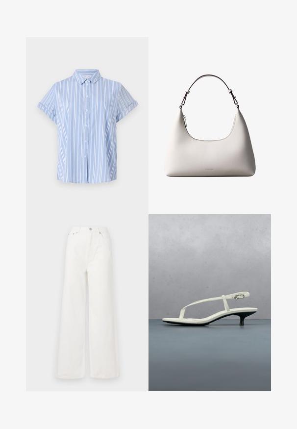 Camisa de botón de manga corta azul claro con rayas verticales blancas, cuello con solapa y puños enrollados. Textura de tela suave.; Jeans de mezclilla de cintura alta y pierna ancha en color blanco. Cuenta con bolsillos delanteros, un cierre de botón y detalles de dobladillo deshilachado.; Sandalia blanca de tacón kitten con tiras y punta afilada, flotando sobre un suelo de baldosas de madera al aire libre, con un fondo desenfocado de plantas y pared.; Bolso de hombro de cuero color crema de Calvin Klein con borde superior curvado, cremallera plateada y correa ajustable marrón oscuro.