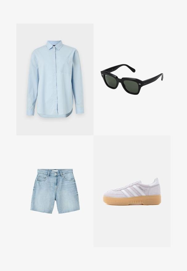 Chemise à manches longues bleu clair en coton, avec un col classique, une poche poitrine unique et un ourlet arrondi.; Short en denim bleu clair avec un design cinq poches, passants de ceinture, fermeture par bouton et bords d'ourlet bruts.; Baskets Adidas en daim blanc avec une semelle en gomme, trois bandes blanches et le texte « Spezial » sur le côté, vues de l'intérieur.; Lunettes de soleil carrées noires avec des verres vert foncé, présentant des montures audacieuses et des accents argentés sur les côtés. Fabriquées en Italie.