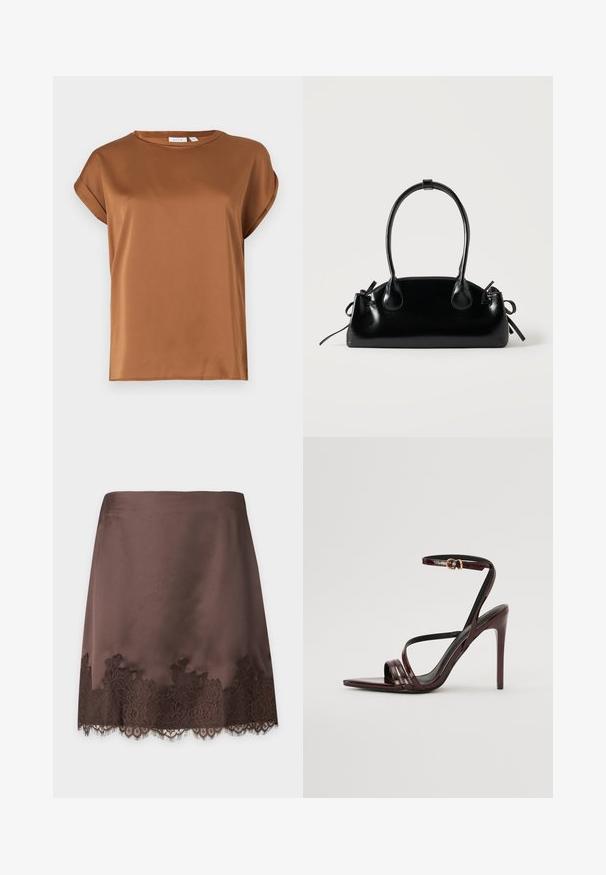 Blouse en satin camel marron à manches courtes avec un col rond et des poignets légèrement retroussés sur un fond uni.; Jupe en satin marron avec bordure en dentelle florale à l'ourlet, coupe droite et texture lisse sur fond uni.; Sandale à talons hauts en cuir verni bourgogne avec une bride de cheville, bout pointu et trois bandes horizontales sur le pied. Détail de boucle dorée.; Petit sac à main noir brillant avec deux longues anses et des détails à cordon sur les côtés sur un fond clair uni.